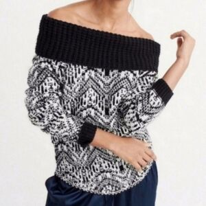 A&F Black Fair Isle Nordic Wool Alpaca Ribbed Knit Off The Shoulder Sweater